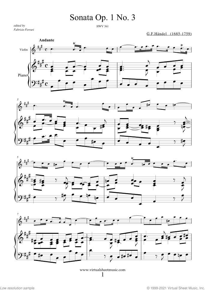 Sonata Op.1 No.3 sheet music for violin and piano by George Frideric Handel, classical score, intermediate skill level