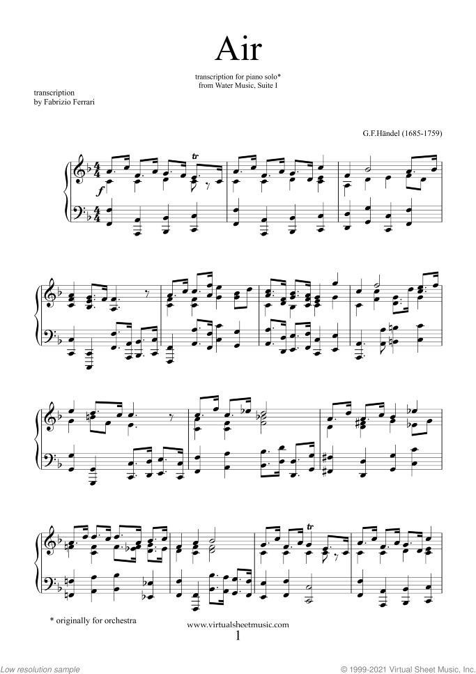 Air from Water Music sheet music for piano solo by George Frideric Handel, classical wedding score, intermediate skill level