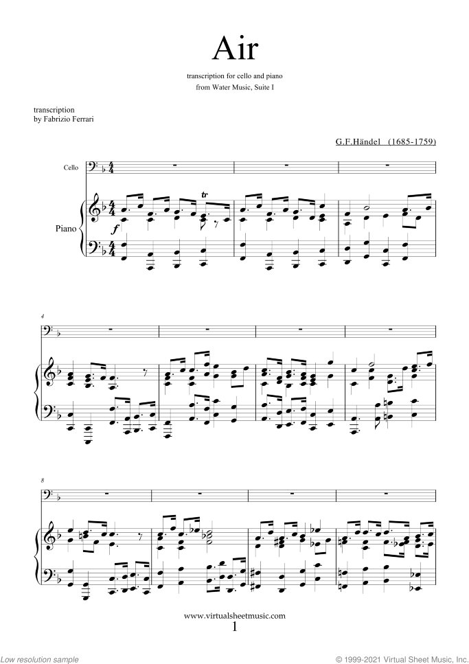Air from Water Music sheet music for cello and piano by George Frideric Handel, classical wedding score, easy skill level