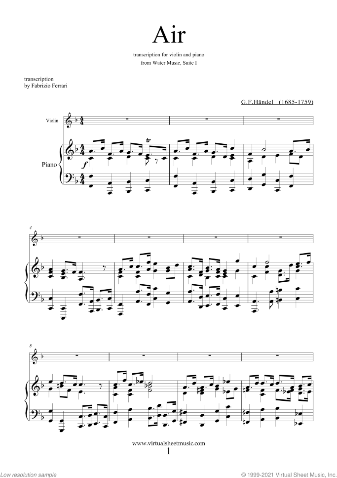 Air from Water Music sheet music for violin and piano by George Frideric Handel, classical wedding score, easy skill level