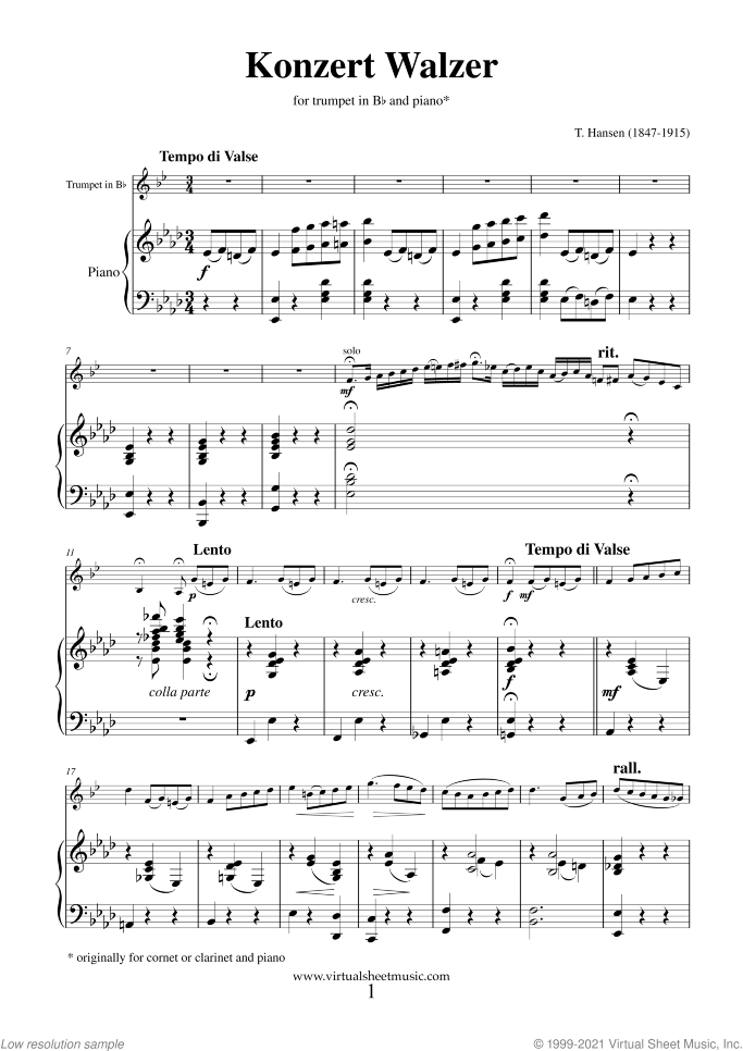 Konzert Walzer sheet music for trumpet and piano by Thorvald Hansen, classical score, intermediate/advanced skill level
