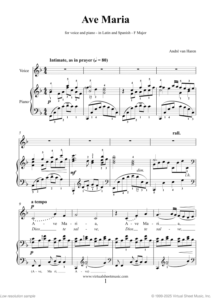 Ave Maria sheet music for voice and piano by Andre Van Haren, classical score, intermediate skill level