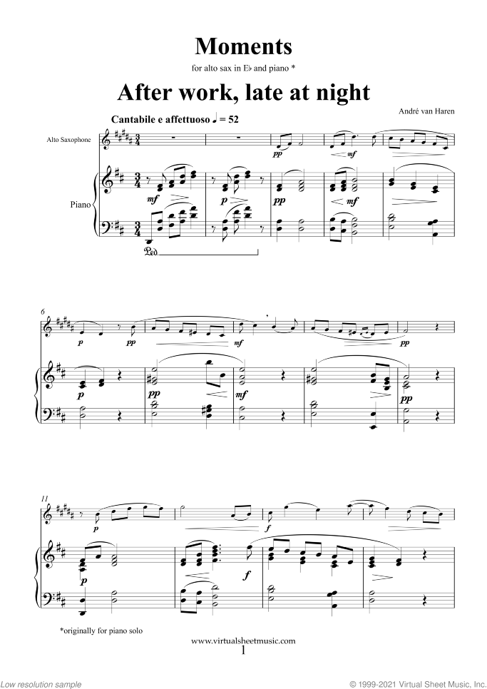Moments sheet music for alto saxophone and piano by Andre Van Haren, classical score, intermediate/advanced skill level