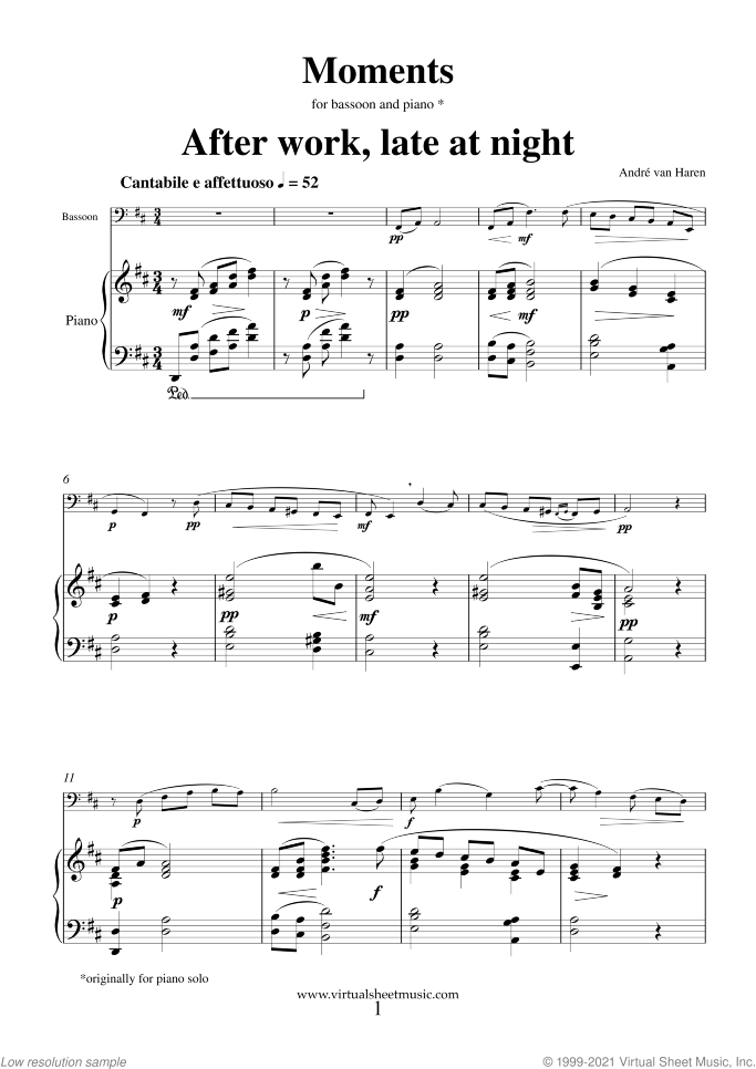 Moments sheet music for bassoon and piano by Andre Van Haren, classical score, intermediate/advanced skill level