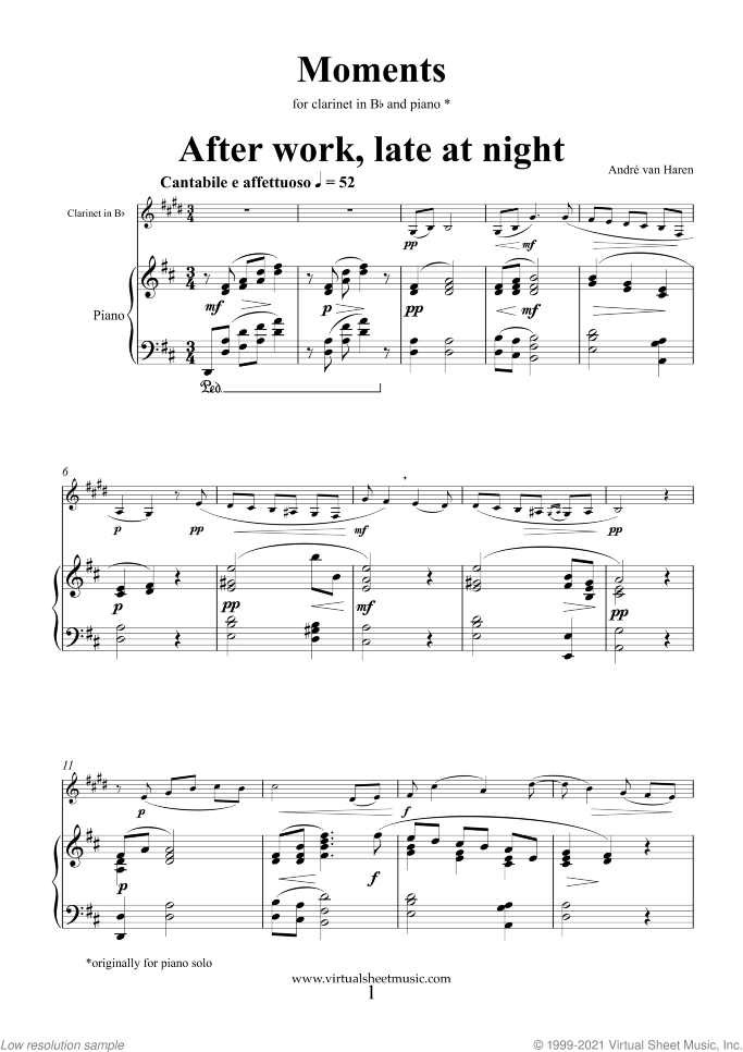 Moments sheet music for clarinet and piano by Andre Van Haren, classical score, intermediate/advanced skill level
