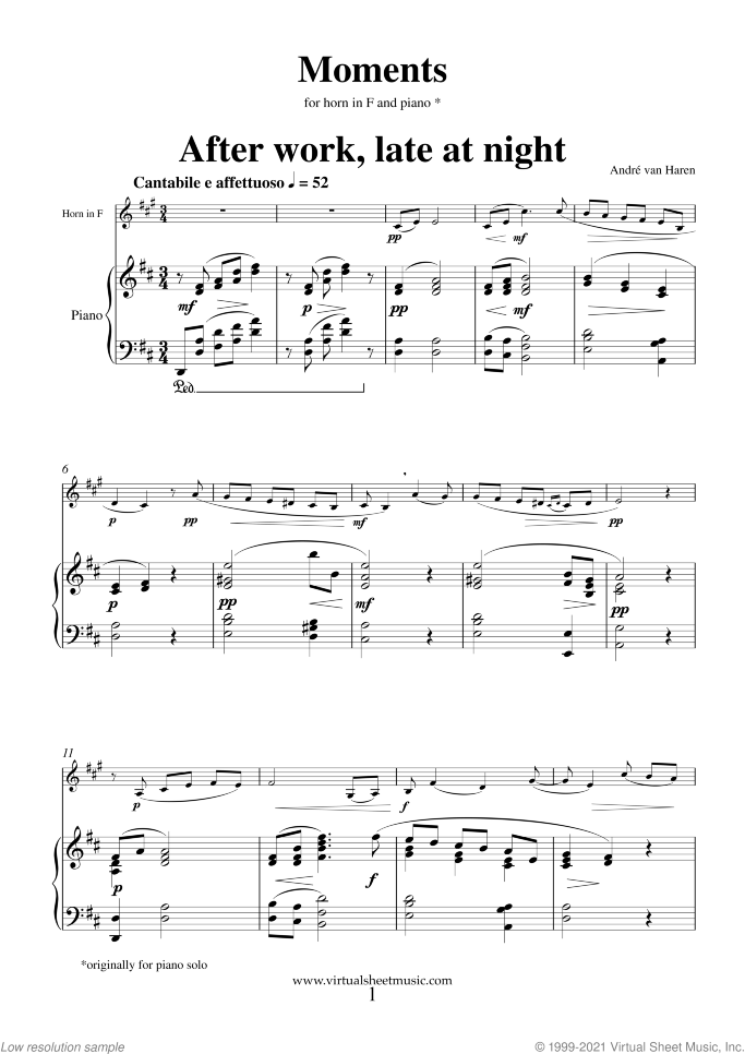 Moments sheet music for horn and piano by Andre Van Haren, classical score, intermediate/advanced skill level