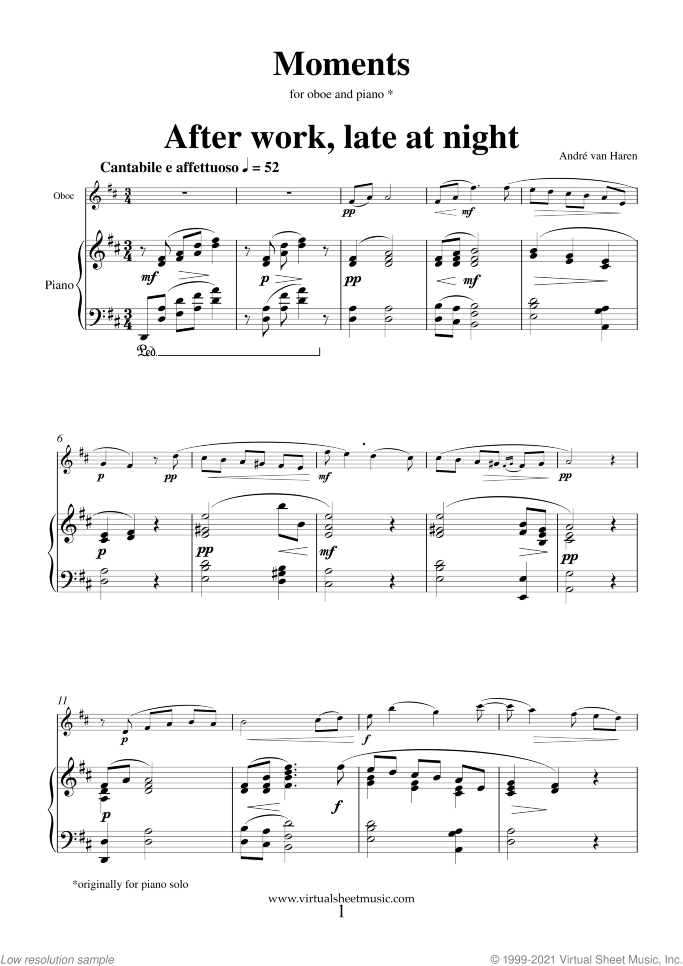 Moments sheet music for oboe and piano by Andre Van Haren, classical score, intermediate/advanced skill level