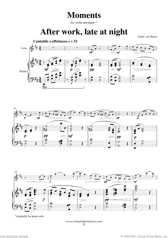 Moments sheet music for violin and piano by Andre Van Haren, classical score, intermediate/advanced skill level
