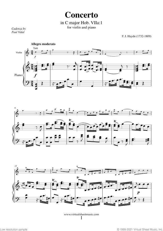 Concerto No. 1 in C major sheet music for violin and piano by Franz Joseph Haydn, classical score, intermediate/advanced skill level