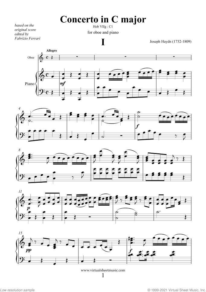 Concerto in C major sheet music for oboe and piano by Franz Joseph Haydn, classical score, intermediate/advanced skill level