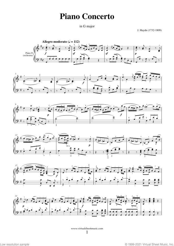 Concerto in G major sheet music for piano and orchestra (two pianos) by Franz Joseph Haydn, classical score, intermediate duet