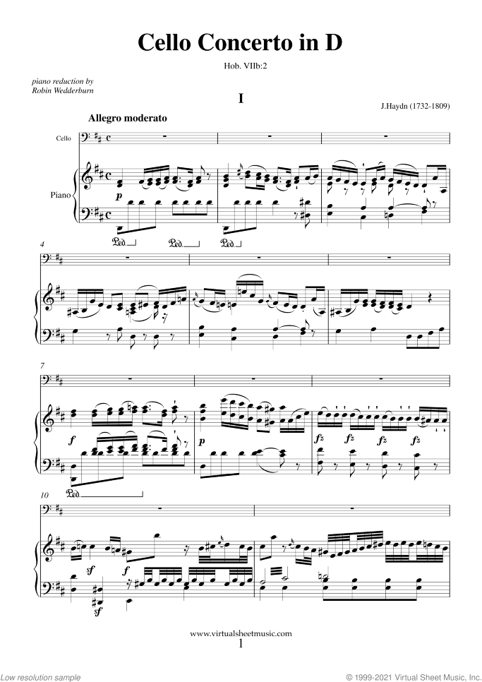 Concerto in D major sheet music for cello and piano by Franz Joseph Haydn, classical score, intermediate/advanced skill level