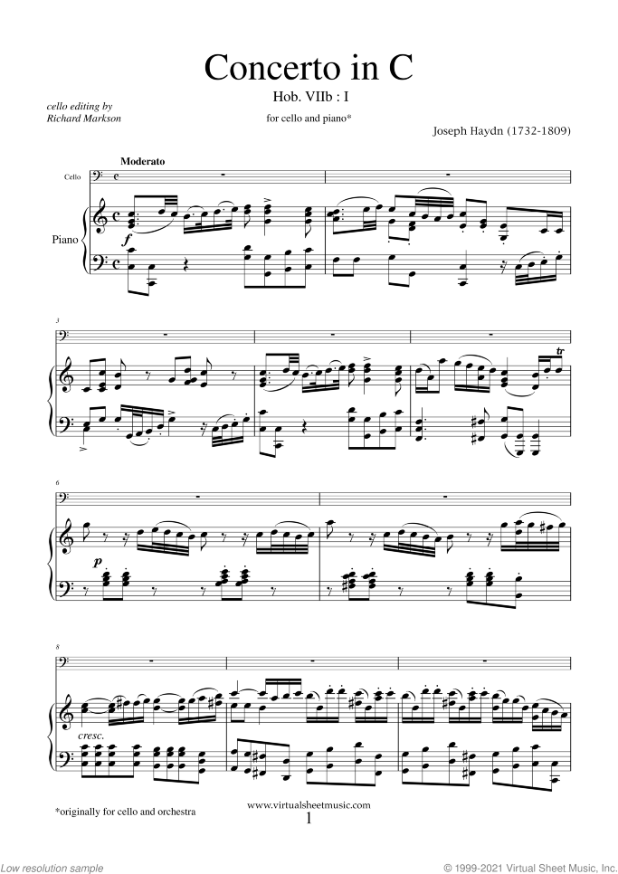 Concerto in C major (NEW EDITION) sheet music for cello and piano by Franz Joseph Haydn, classical score, intermediate/advanced skill level