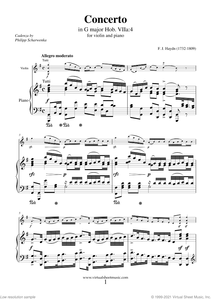 Concerto No. 4 in G major sheet music for violin and piano by Franz Joseph Haydn, classical score, intermediate/advanced skill level