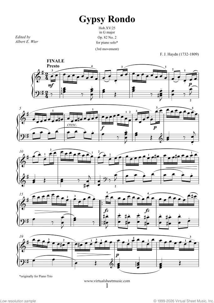 Gypsy Rondo in G major Hob. XV:25 sheet music for piano solo by Franz Joseph Haydn, classical score, intermediate skill level
