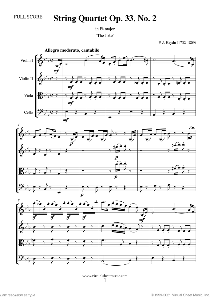String Quartet in Eb major Op.33 No.2 "The Joke" (COMPLETE) sheet music for string quartet by Franz Joseph Haydn, classical score, intermediate/advanced skill level