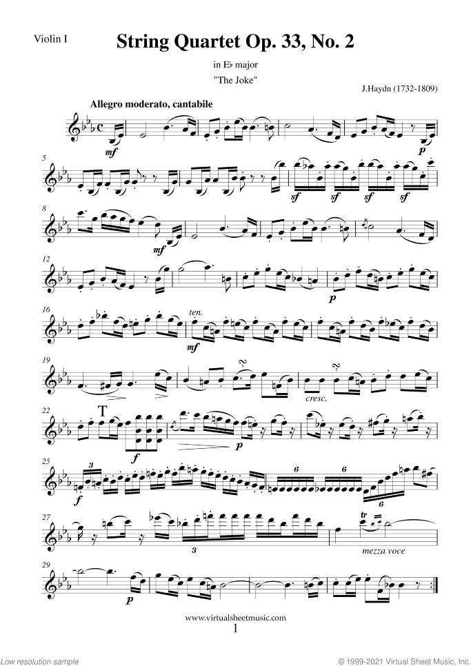String Quartet in Eb major Op.33 No.2 "The Joke" (parts) sheet music for string quartet by Franz Joseph Haydn, classical score, intermediate/advanced skill level