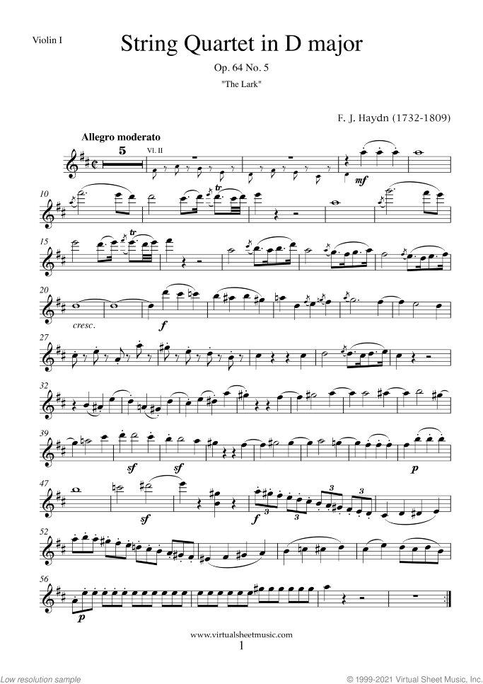 String Quartet in D major Op.64 No.5 "The Lark" (COMPLETE) sheet music for string quartet by Franz Joseph Haydn, classical score, intermediate/advanced skill level