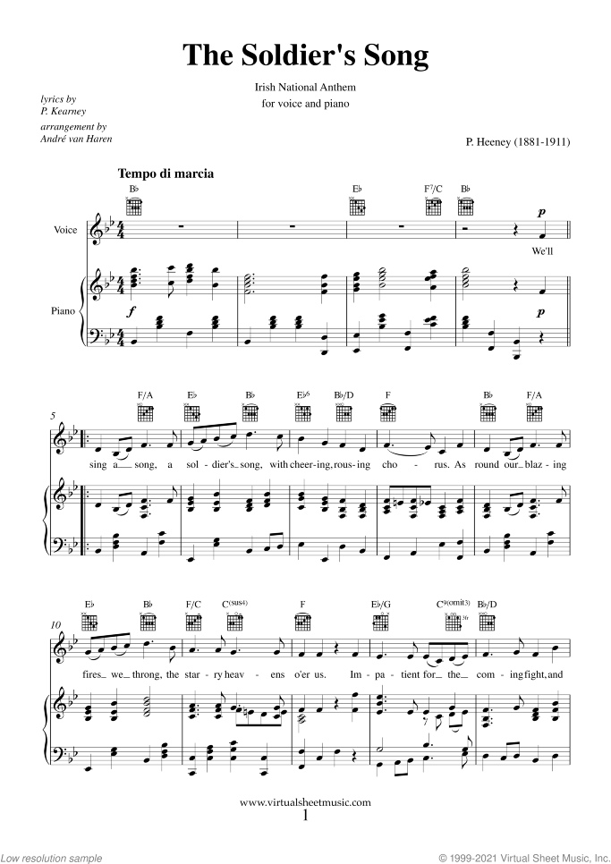 The Soldier's Song (Irish Anthem) sheet music for piano, voice or other instruments by Patrick Heeney, easy/intermediate skill level