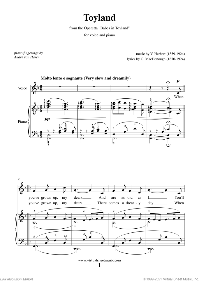 Toyland sheet music for voice and piano by Victor Herbert, classical wedding score, intermediate skill level