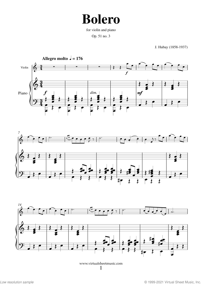Bolero Op. 51 No. 3 sheet music for violin and piano by Jeno Hubay, classical score, intermediate skill level