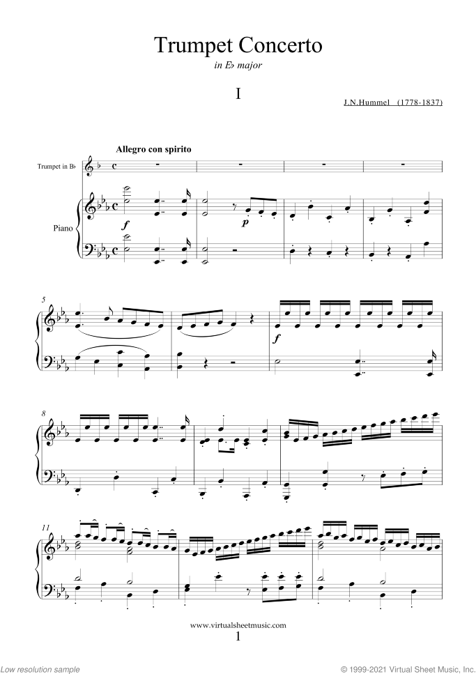 Concerto in Eb major sheet music for trumpet and piano by Johann Nepomuk Hummel, classical score, intermediate/advanced skill level
