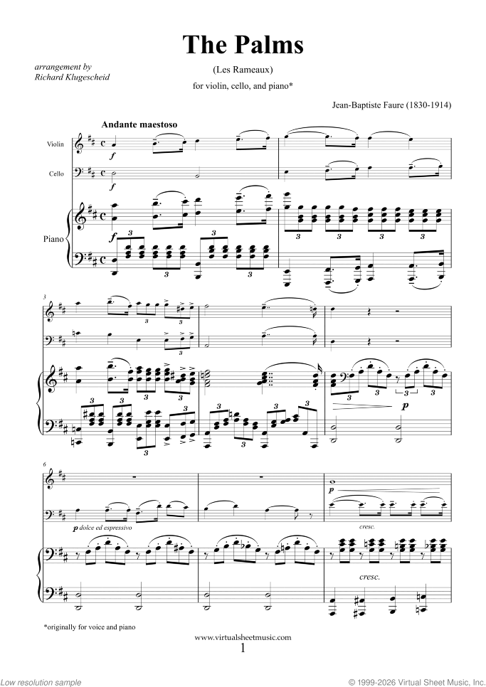 The Palms (Les Rameaux) sheet music for violin, cello and piano by Jean Baptiste Faure, classical wedding score, intermediate skill level