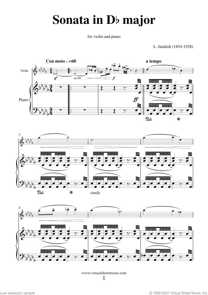 Sonata in D flat major sheet music for violin and piano by Leos Janacek, classical score, advanced skill level