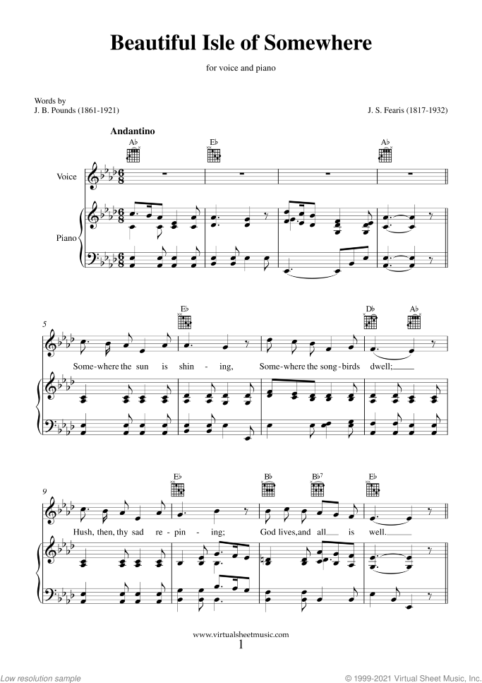 Beautiful Isle of Somewhere sheet music for piano, voice or other instruments by John S. Fearis, easy skill level