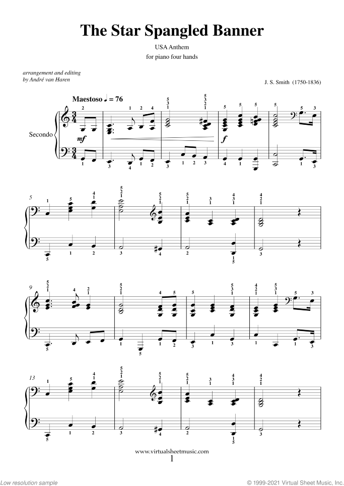 The Star Spangled Banner - USA Anthem sheet music for piano four hands by John Stafford Smith, easy/intermediate skill level