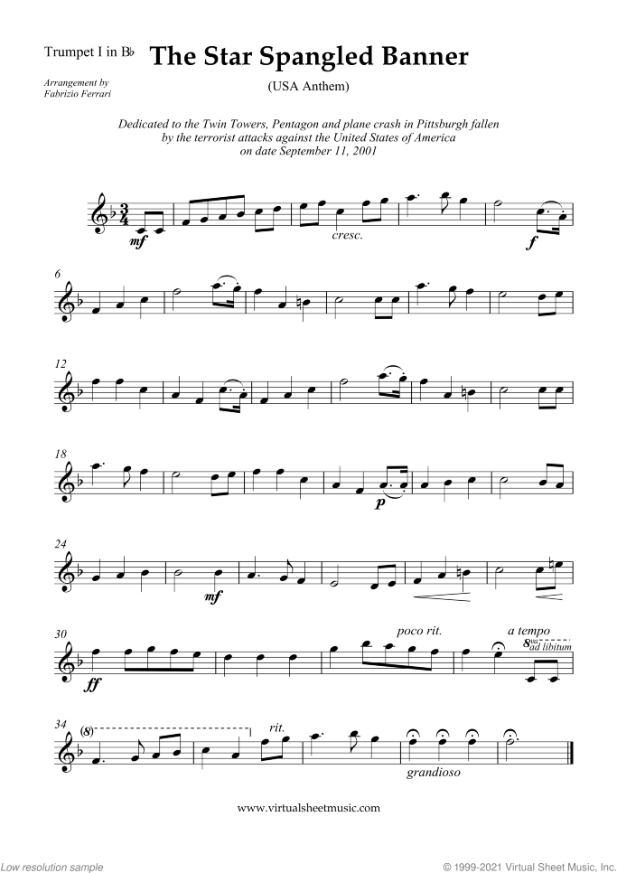 The Star Spangled Banner (in Eb) - USA Anthem sheet music for brass quartet by John Stafford Smith, intermediate skill level