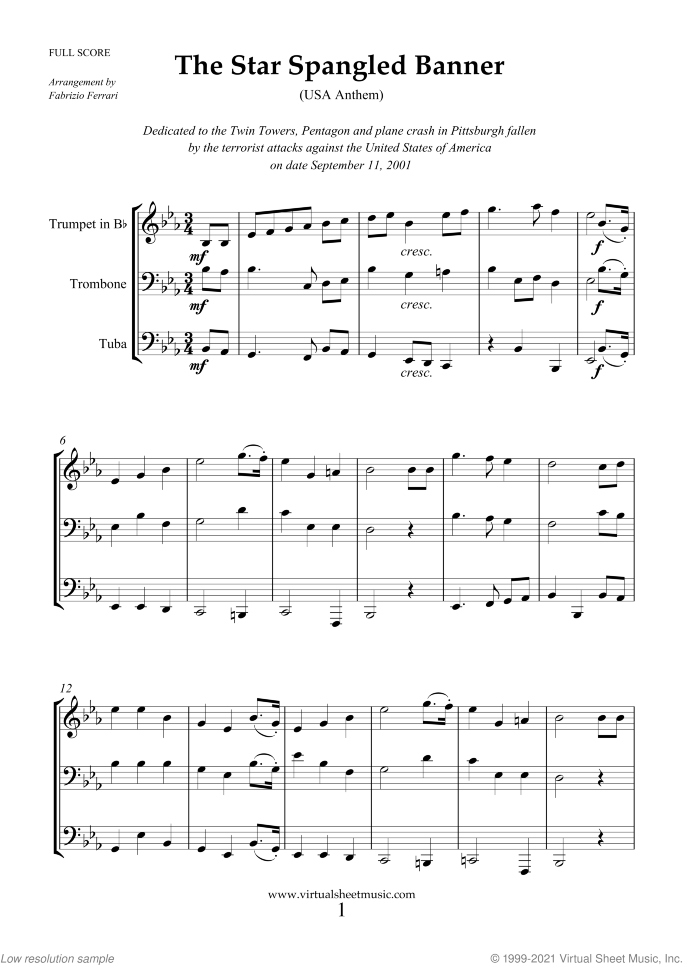 The Star Spangled Banner - USA Anthem sheet music for brass trio by John Stafford Smith, intermediate skill level