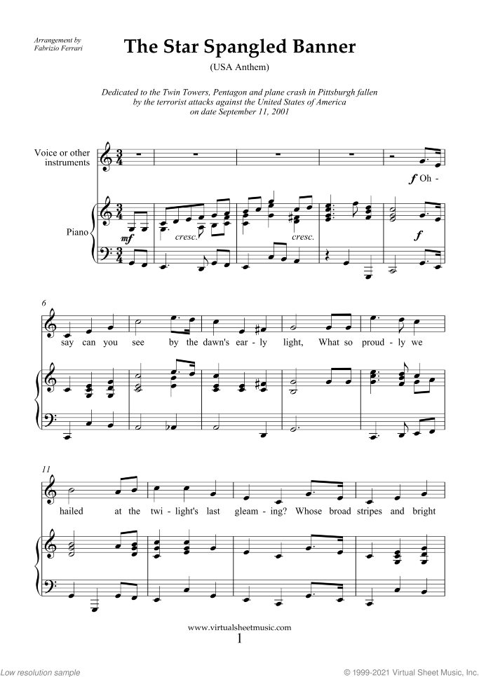 The Star Spangled Banner (in C) - USA Anthem sheet music for piano, voice or other instruments by John Stafford Smith, easy skill level