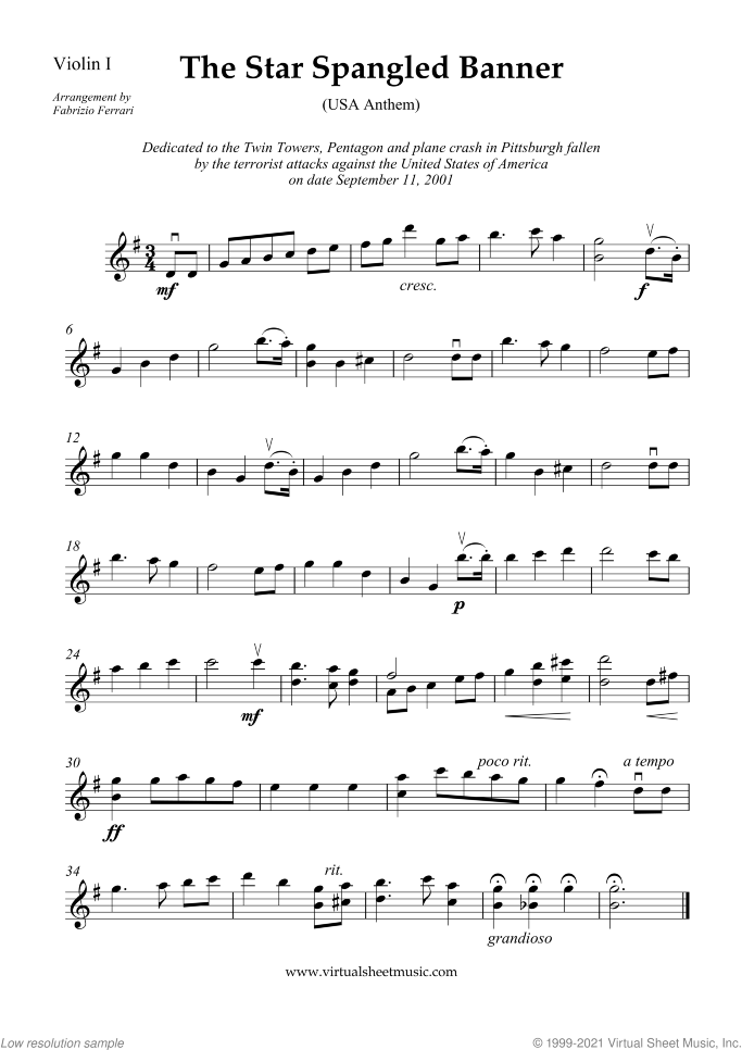 The Star Spangled Banner in G sheet music for string quartet or string orchestra by John Stafford Smith, intermediate skill level