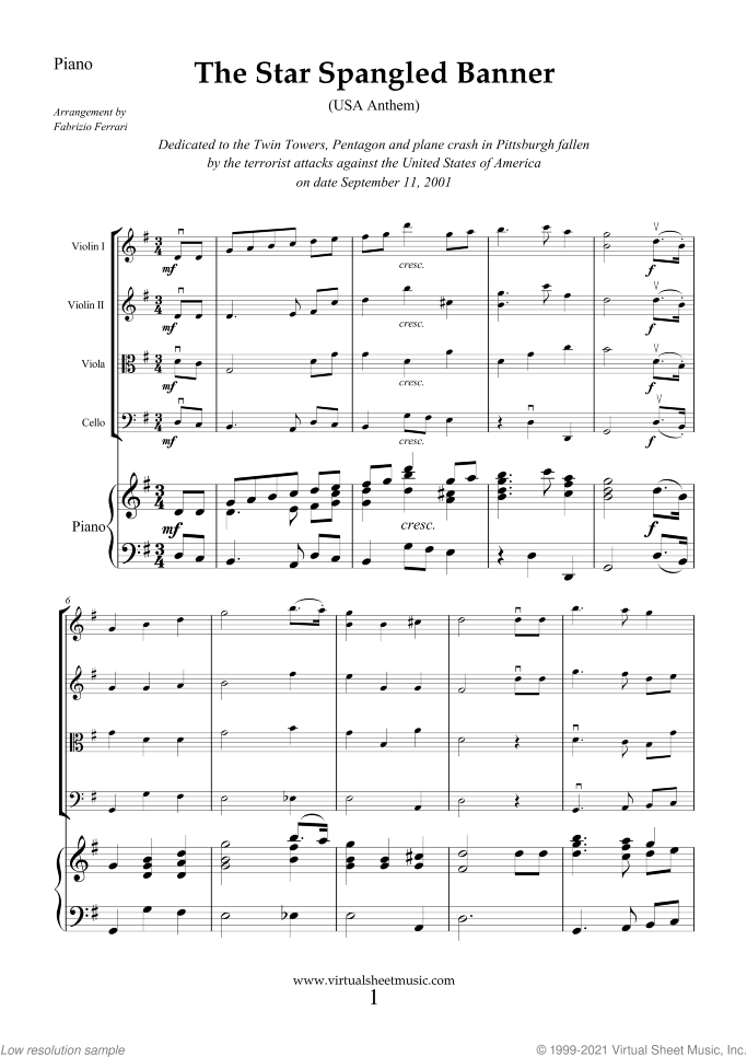 The Star Spangled Banner - USA Anthem sheet music for string quartet and piano by John Stafford Smith, intermediate skill level