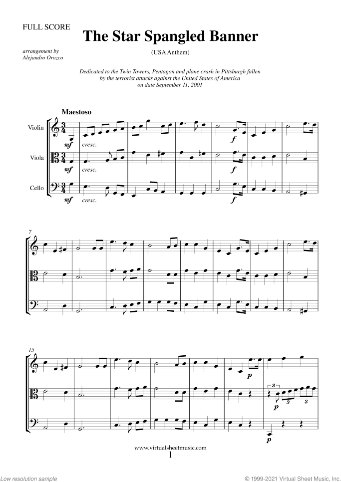 The Star Spangled Banner - USA Anthem sheet music for string trio by John Stafford Smith, intermediate skill level