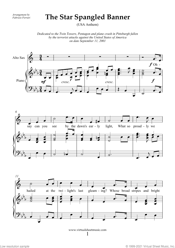 The Star Spangled Banner (in Eb) - USA Anthem sheet music for alto saxophone and piano by John Stafford Smith, easy skill level