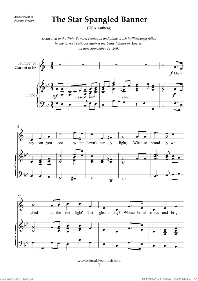 The Star Spangled Banner (in Bb) - USA Anthem sheet music for trumpet or clarinet and piano by John Stafford Smith, easy skill level