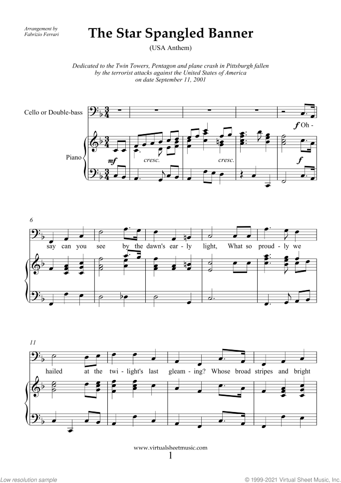 The Star Spangled Banner (in F) - USA Anthem sheet music for cello or double-bass and piano by John Stafford Smith, easy skill level