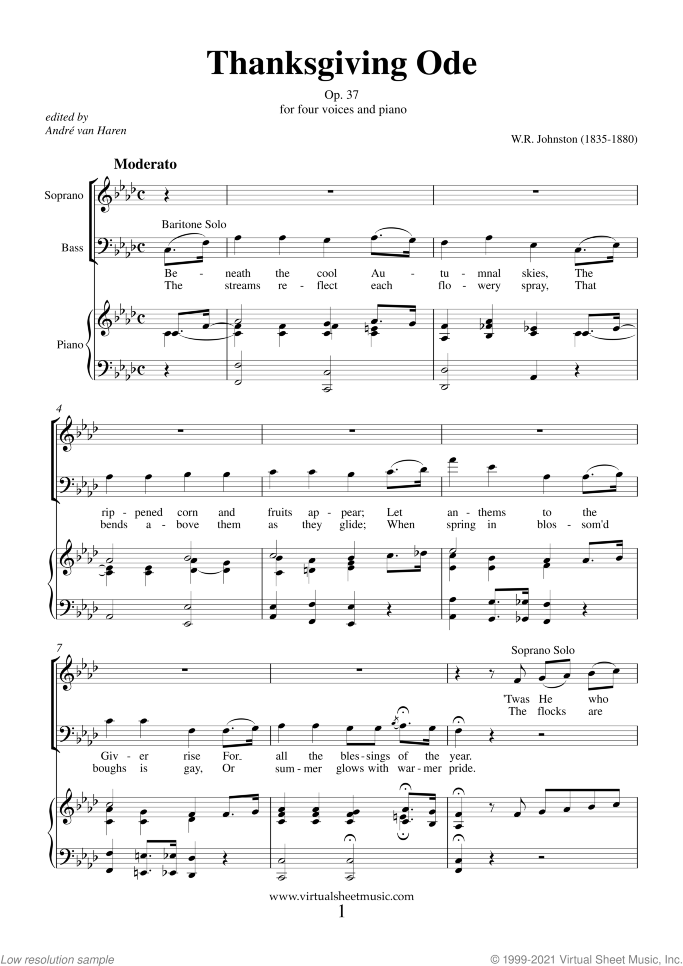 Thanksgiving Ode sheet music for four voices (or choir) and piano by Walter Russel Johnston, intermediate skill level