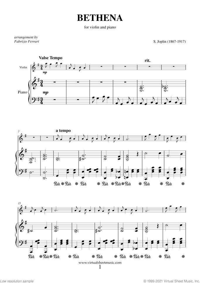 Bethena sheet music for violin and piano by Scott Joplin, classical score, intermediate skill level