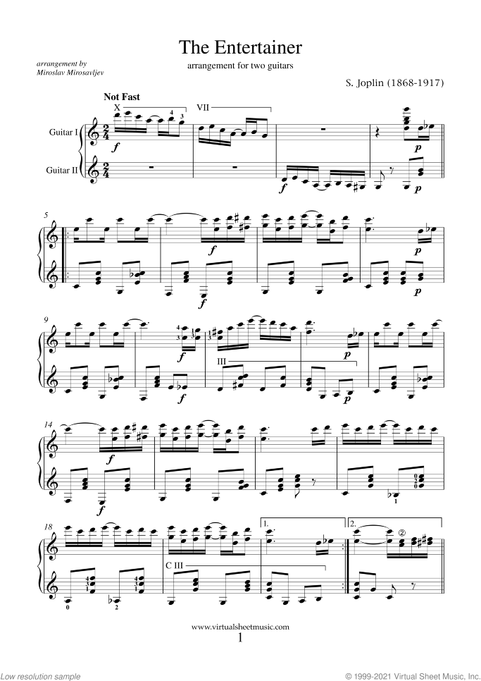 The Entertainer sheet music for two guitars by Scott Joplin, classical score, intermediate duet