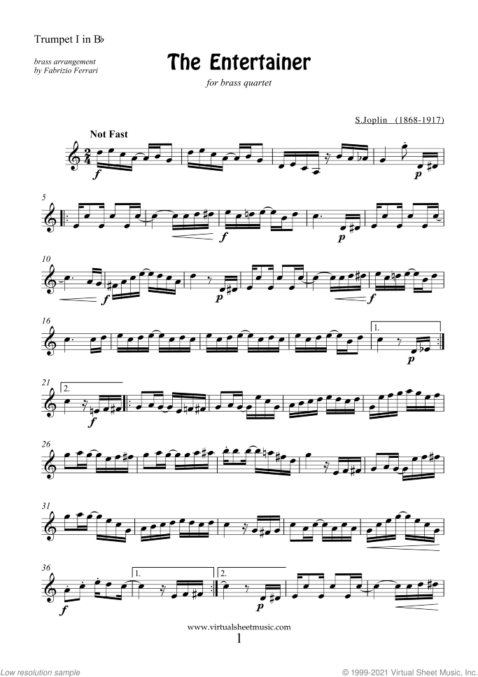 The Entertainer (parts) sheet music for brass quartet, version 1 by Scott Joplin, classical score, intermediate skill level