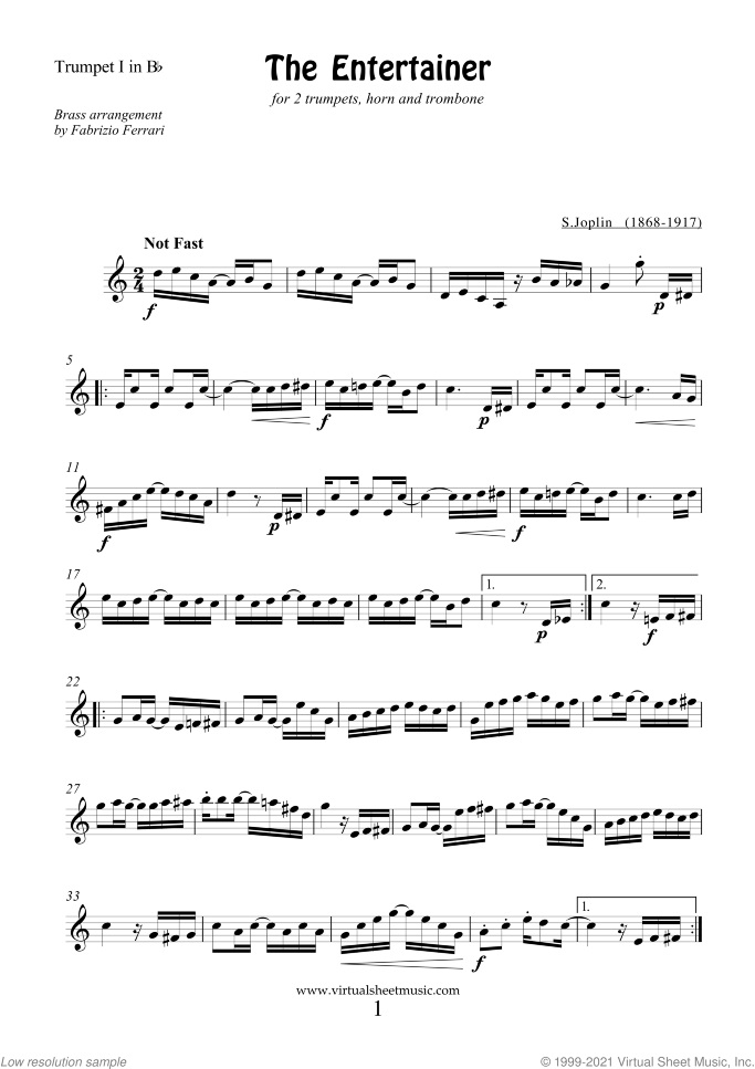The Entertainer (parts) sheet music for brass quartet, version 2 by Scott Joplin, classical score, intermediate skill level