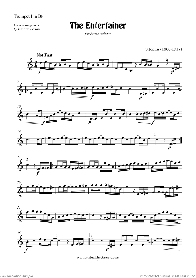 The Entertainer (parts) sheet music for brass quintet by Scott Joplin, classical score, intermediate skill level