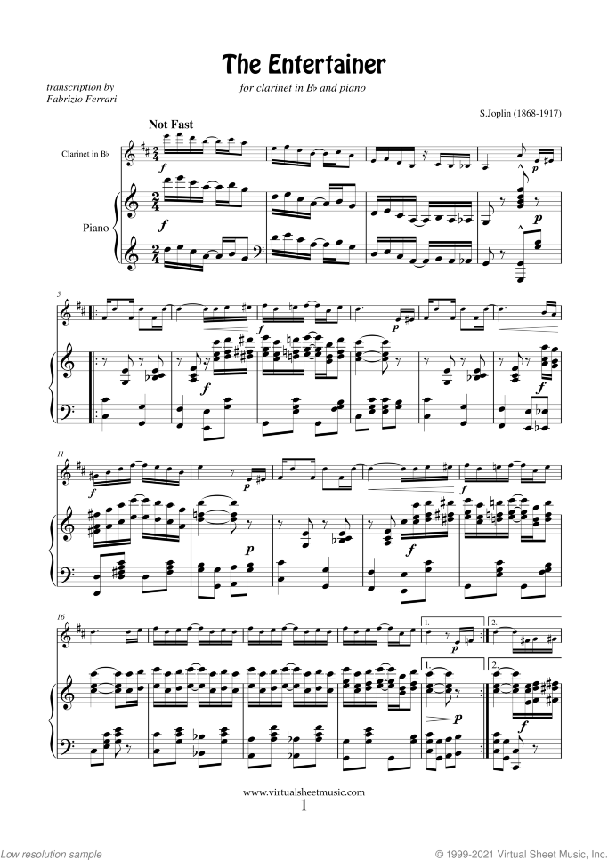 The Entertainer sheet music for clarinet and piano by Scott Joplin, classical score, intermediate skill level