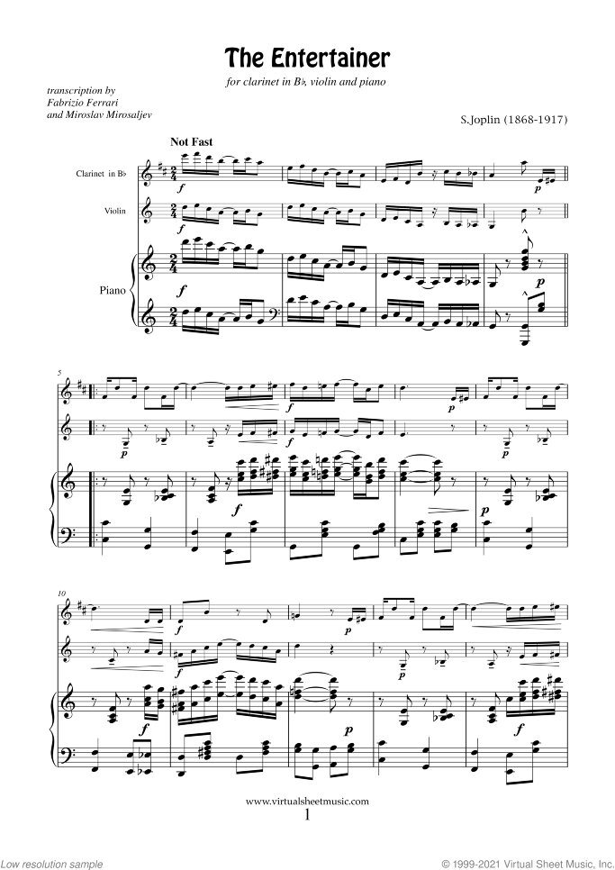 The Entertainer sheet music for clarinet, violin and piano by Scott Joplin, classical score, intermediate skill level