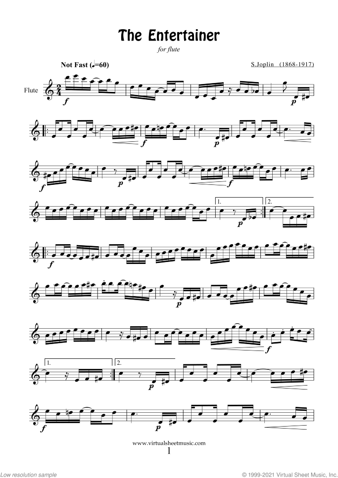 The Entertainer sheet music for flute solo by Scott Joplin, classical score, easy skill level