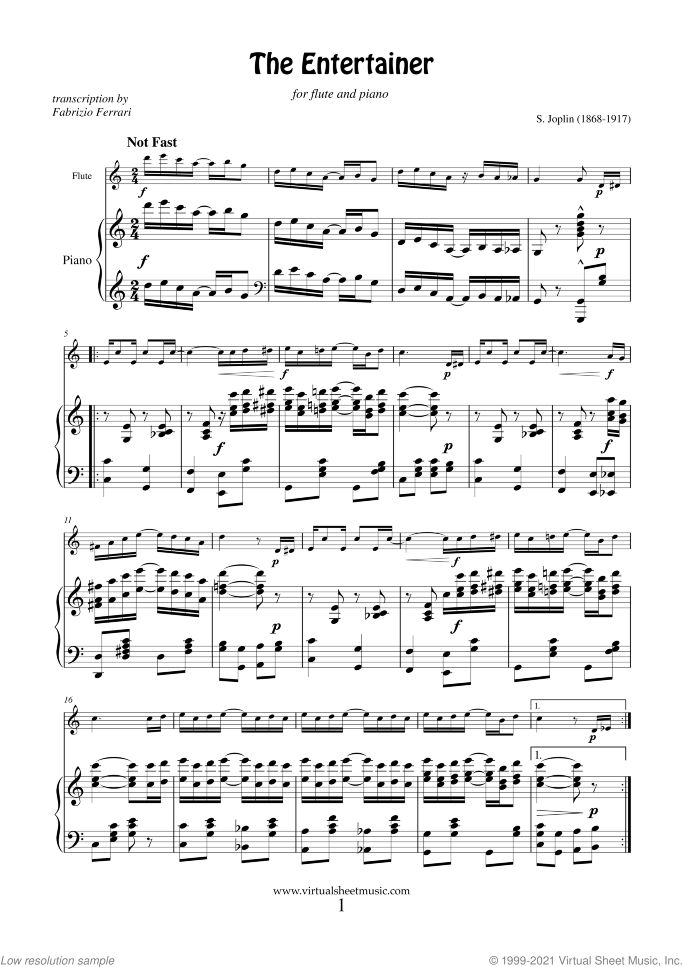 The Entertainer sheet music for flute and piano by Scott Joplin, classical score, intermediate skill level