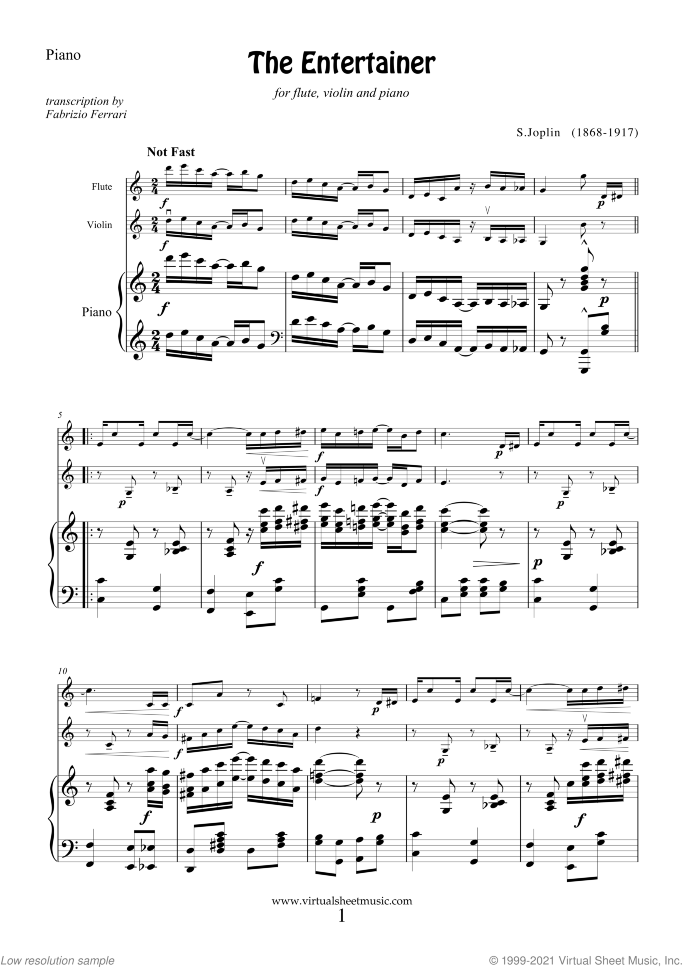 The Entertainer sheet music for flute, violin and piano by Scott Joplin, classical score, intermediate skill level